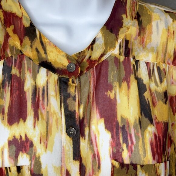 Blouse Top Two by Vince Camuto Brown Amber Burgundy Sheer Button Front LS Sz L - Picture 10 of 10